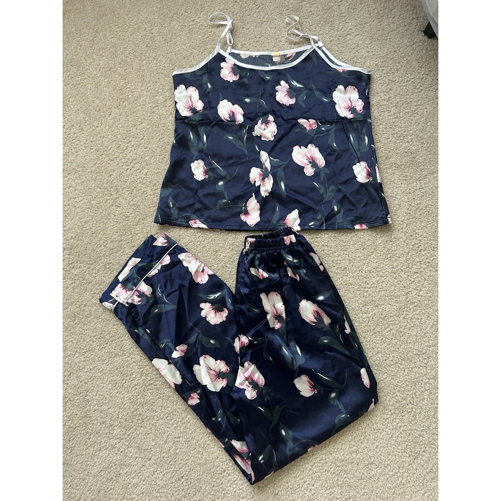 Y2K Floral Satin Pajama Set Sz S Navy Blue + Pink Coquette Sleepwear Romantic PJ
